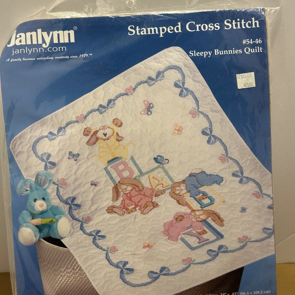 VTG Janlynn Stamped Cross Stitch Sleepy Bunnies Baby Quilt Kit
